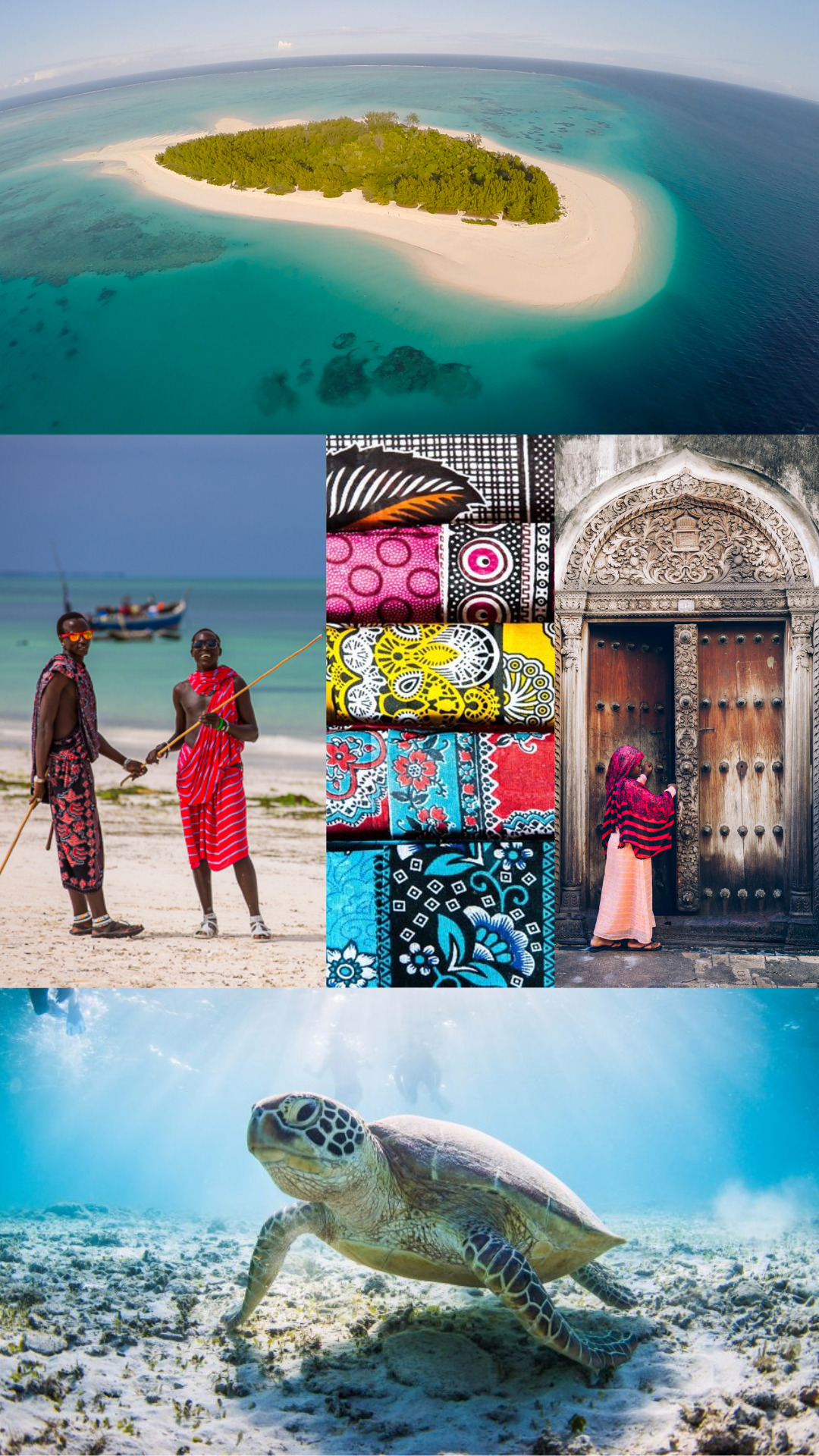 Tanzania - Zanzibar - Masai, Stone Town door, Mnemba Island, endangered turtle conservation, kanga cloth at market
