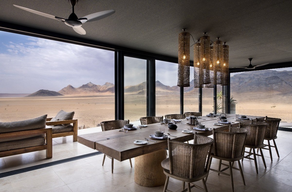 View of the desert from the guest dining area at &Beyond Sossusvlei Desert Lodge in Namibia