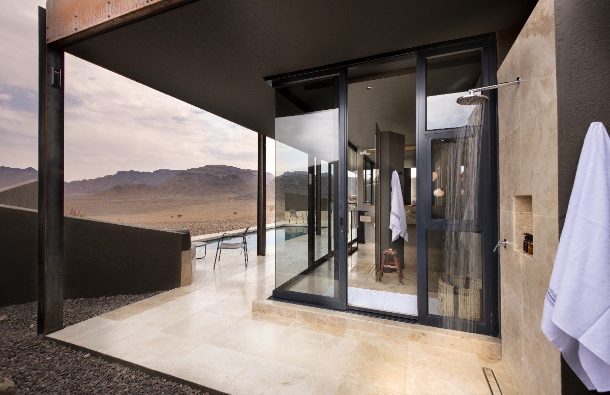 Outdoor shower at Sossusvlei Desert Lodge in Namibia