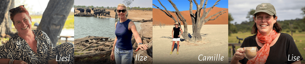 African Safari Consultants team featuring four safari consultants with images from their travels across Africa.