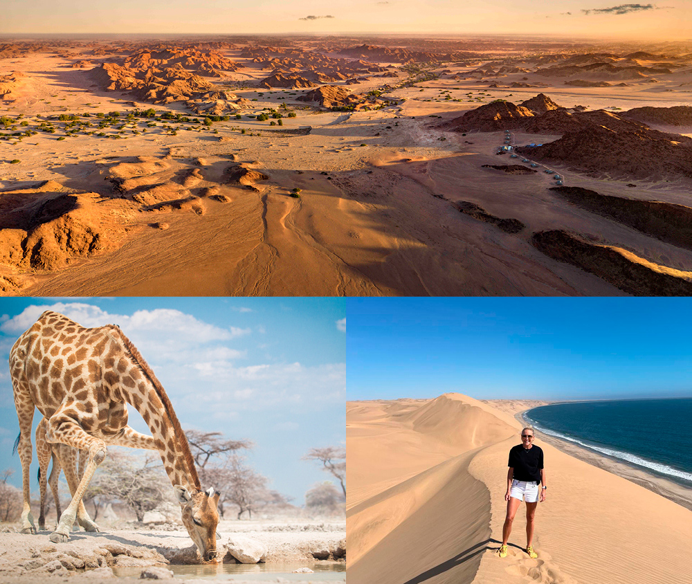 Camille Rowe standing on the dunes overlooking Namibia's desert landscape and Atlantic coast, with a giraffe and aerial view of the Namib Desert.