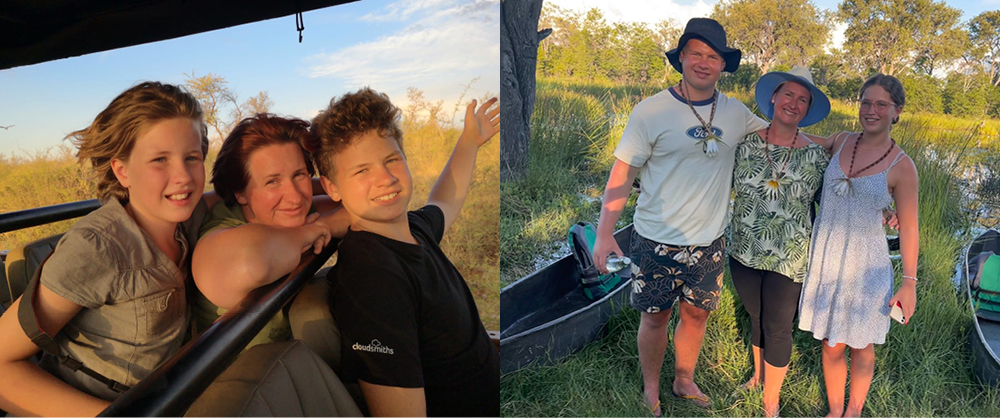 Liesl Matthews enjoying a family safari with her children and safari guides in South Africa.