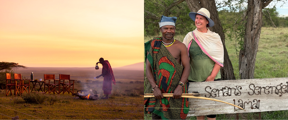 Liesl Matthews with a local guide at Serian's Serengeti Lamai in Tanzania, alongside a bush breakfast at sunset.